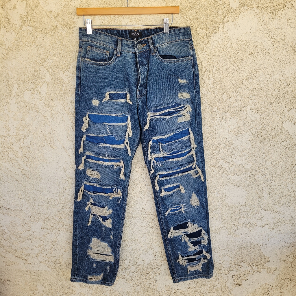 Boohooman - Slim Flare Rigid All Over Rip Repaired Jeans Blue ~30r